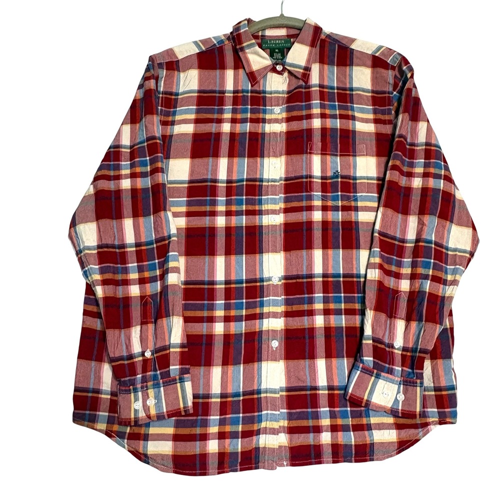 Lauren Ralph Lauren Silk Shirt Womens XL Plaid Red Long Sleeve Button Up Pocket